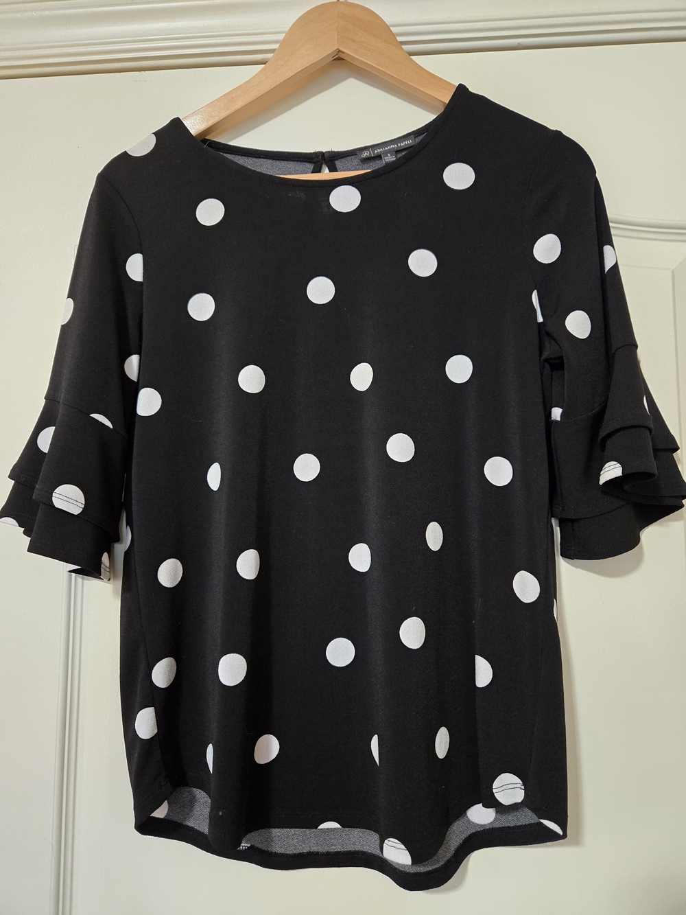 Adrianna Papell Black and White Polka Dot Ruffle-Sleeve Top